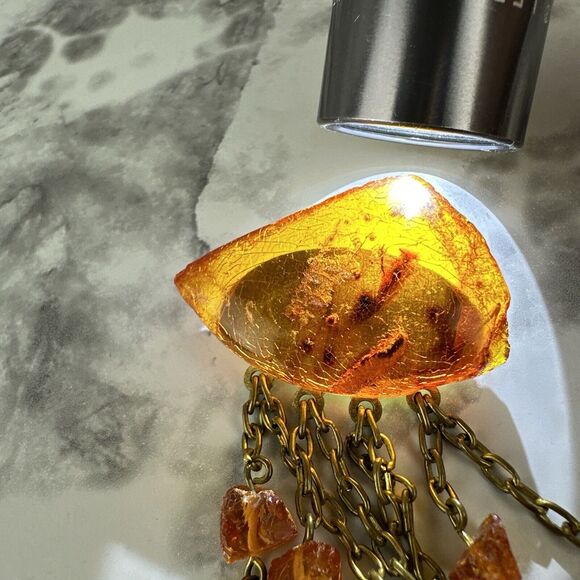 Vintage Art Deco Baltic Amber Collar Pin Brooch Dangle Beds Chain Gold Tone - Picture 6 of 7